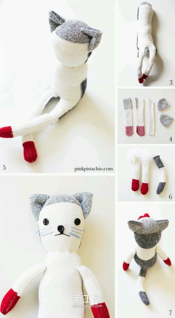 用襪子制作貓咪玩偶 自制襪子貓咪布偶做法 -  www.shougongdi.com
