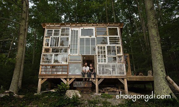 利用廢棄窗戶搭建房屋 森林裡的原始小屋DIY -  www.shougongdi.com