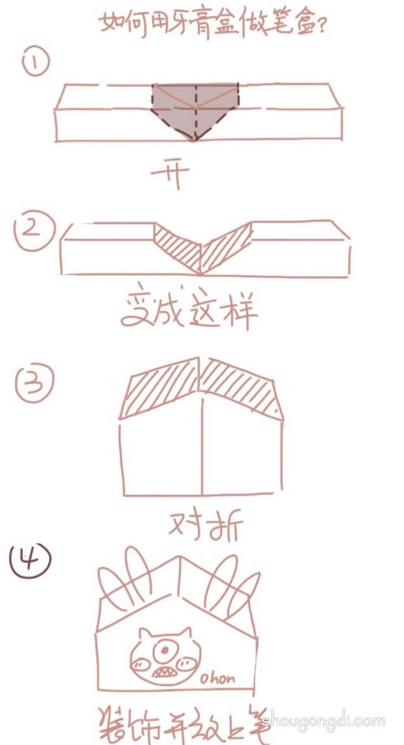 牙膏盒廢物利用手工制作筆筒的方法超簡單 -  www.shougongdi.com