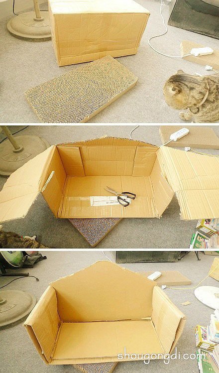 廢棄紙箱廢物利用DIY制作舒適的貓窩 -  www.shougongdi.com