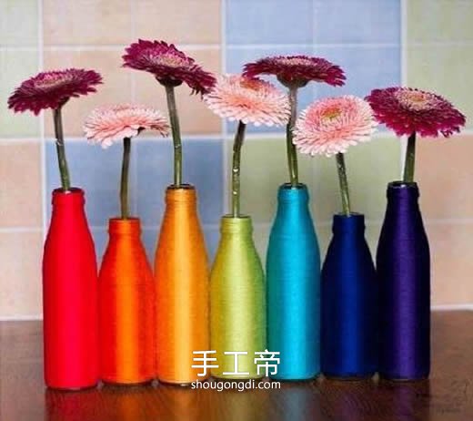 用毛線纏繞玻璃瓶 DIY手工制作玻璃花瓶 -  www.shougongdi.com