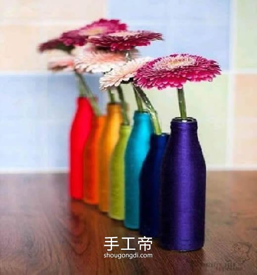 用毛線纏繞玻璃瓶 DIY手工制作玻璃花瓶 -  www.shougongdi.com